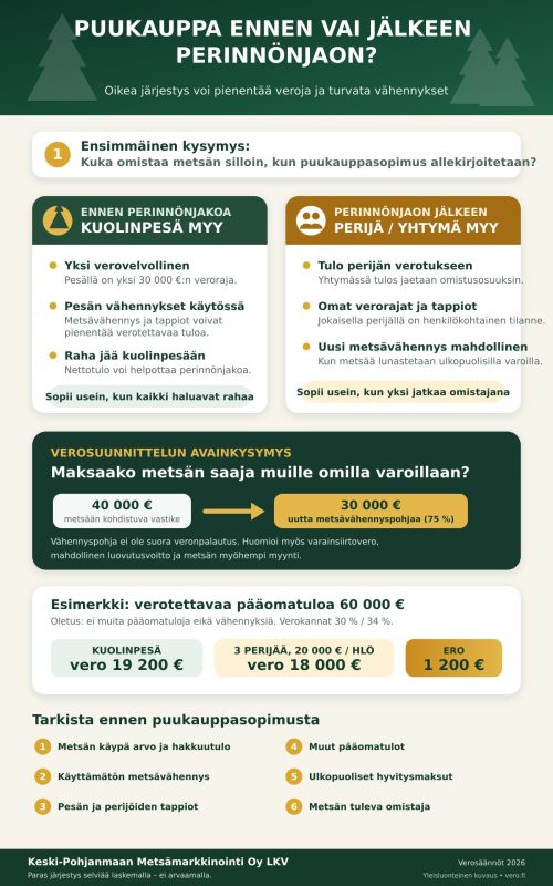 Infografiikka kuolinpesän ja perinnönjaon jälkeen tehtävän puukaupan verotuksen, metsävähennyksen ja pääomatuloveron eroista.